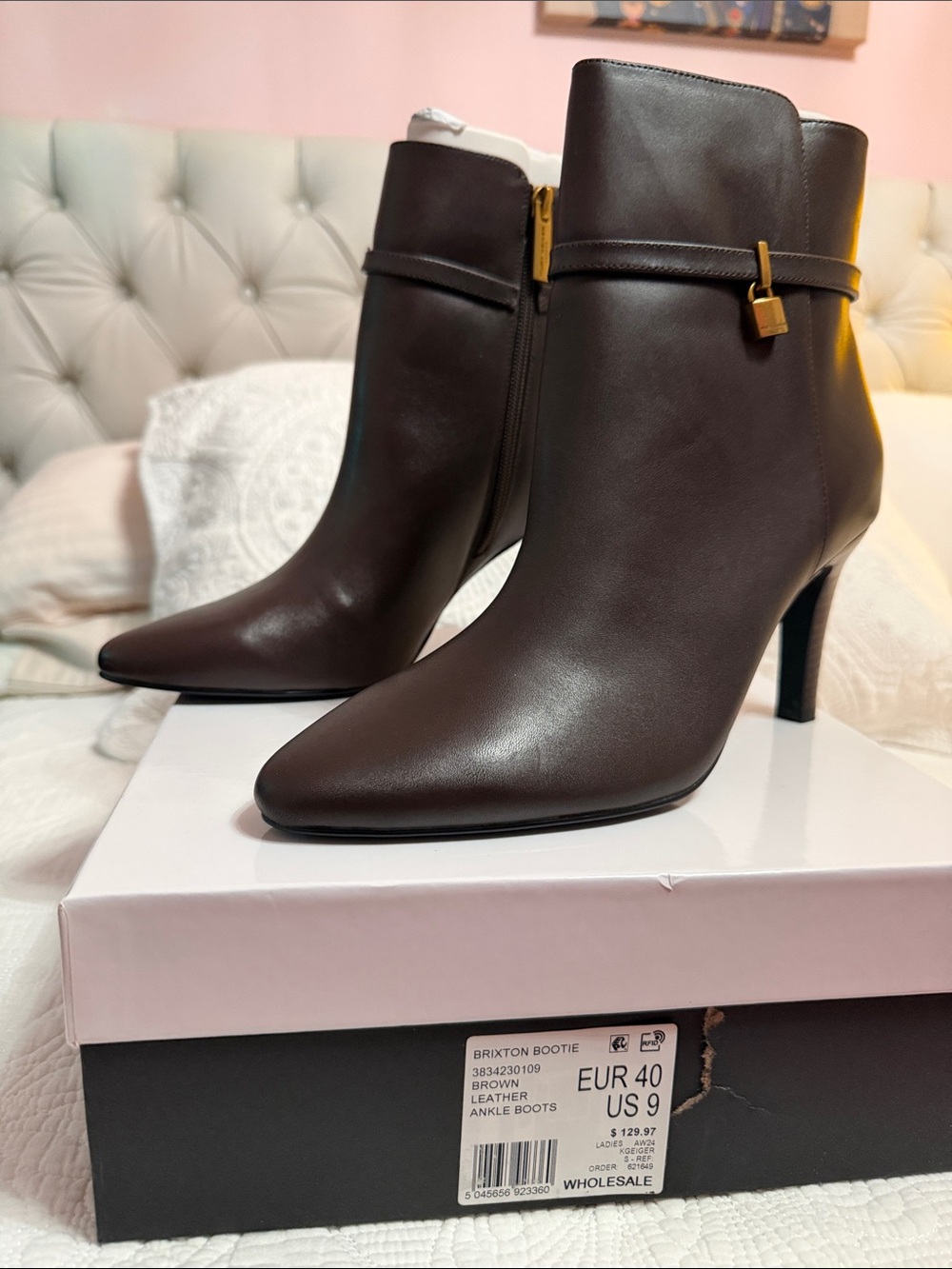 Brixton Dark Brown Leather Pointed Ankle Booties with Gold Padlock Detail